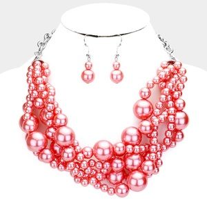 Multi strand pink pearl necklace set